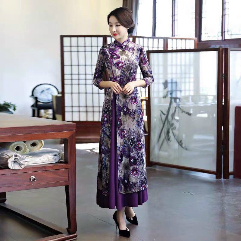 Đầm Cổ Tàu Hoa Tím -HN948